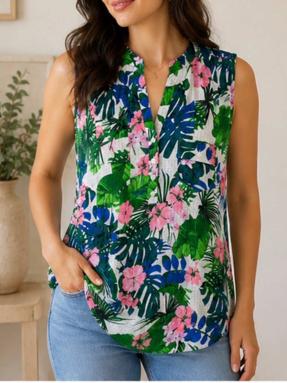 Coral Bay Pink & Green Tropical Floral Sleeveless V-Neck Top size Large
